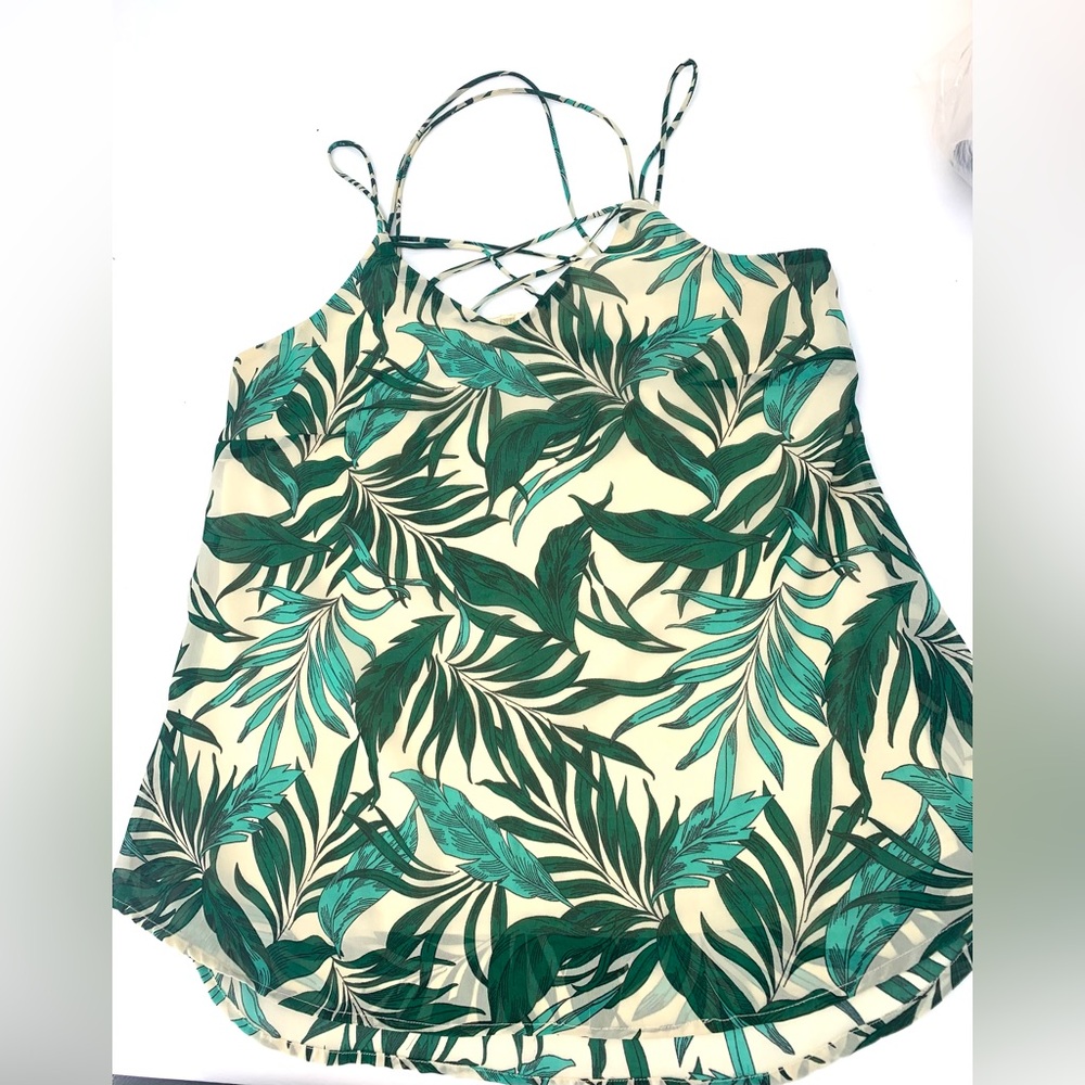 Japna Tan & Green Tropical Leaf Crisscross Tank Top size Medium